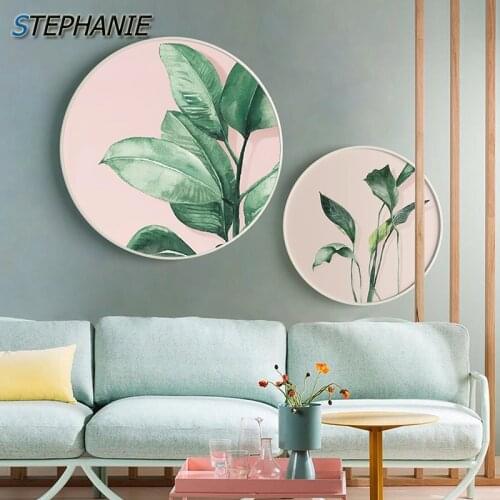 Modern Round Abstract Green Plant Canvas Art Painting Nordic Poster Print Minimalist Wall Art Pictures Bedroom Decor Wall Poster