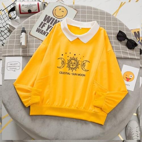 Kawaii Sun and Moon Pullover Sweatshirt Oversized Women Cotton Sweatshirt Vintage Lapel Collar Spring Autumn Women Warm Top