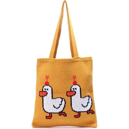 Teenager Knitting Cartoon Pattern Top-handle Tote Bag Girls Kawaii Cute Yellow Stylish Crochet Soft Shopping Shopper HandbagT