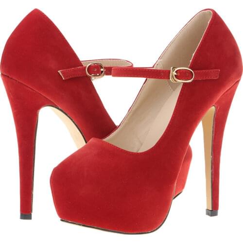 Womens 14cm High Heels Black Flock Pumps Female Fashion Platform Ankle Buckle Party Dress Shoes Woman Autumn Round Single Shoes