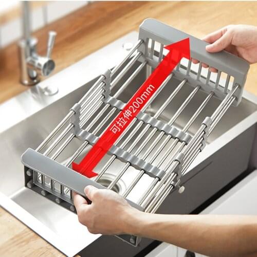 New Free Telescopic Sink Drain Basket Durable Retractable Stainless Steel Grid Sink Vegetables Draining Rack Kitchen Storage