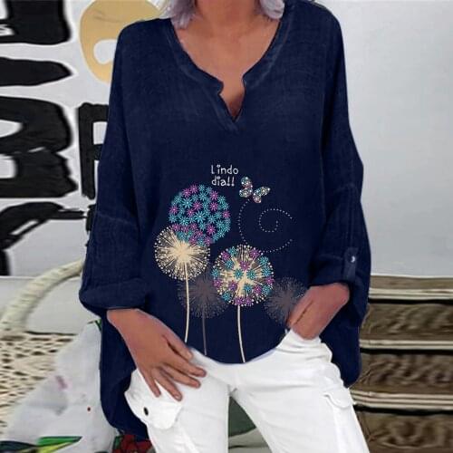 Long T-shirt Women Autumn 2021 Korean Harajuku Dandelion Print Loose Long Sleeve T Shirt Casual V Neck Button Tops #T2G