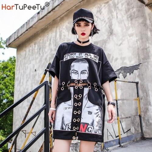 2021 Summer Women T Shirt Dress Hip Hop Rings Decorate Oversize Loose Long Cotton Tees Pullover Black Funny Character Print Tops