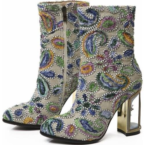 Women Spring Autumn Colorful Style Pattern Ankle Boots Birdcage Chunky High Heels Embroidery Botas Mujer Handmade Female Boots