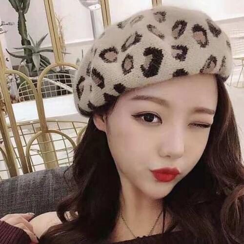 Women Autumn Winter Berets Leopard Printed Rabbit Fluff Beret Cap Ladies Girls Casual Hats Female Painter Warm Walking Caps