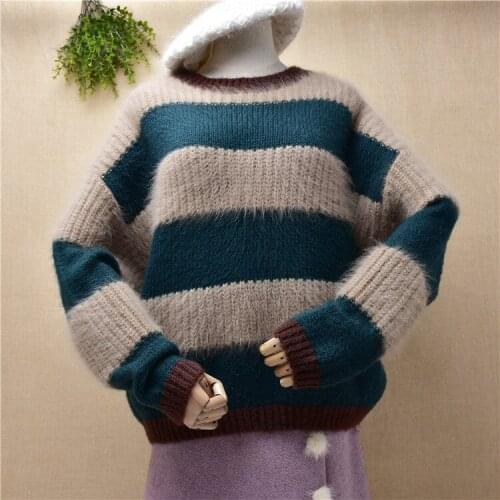 Female women hairy plush angora rabbit hair fall winter knitwear stripes long sleeves loose pullover jumper sweater pull tops