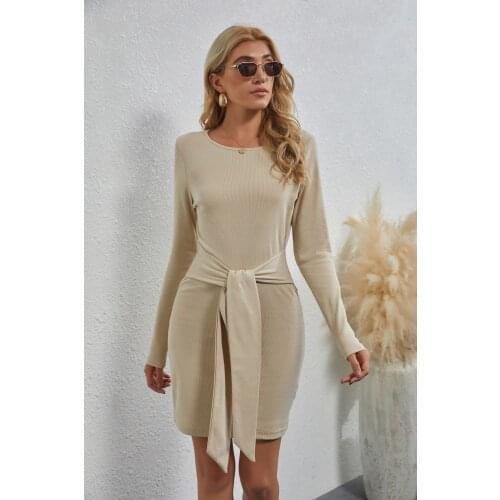 Women Robe Femme Autumn Solid Color Pencil Dresses Bandage O-Neck Long Sleeve Slim Hips Mini Dress For Woman Vestido De Mujer