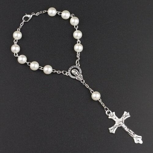 12Pcs/Lot 8MM White Simulated Pearl Beads Religious Catholic Rosary Bracelets Women Wholesale Beaded Bracelet Jewelry