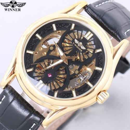 2021 WINNER Hollow Engraving Skeleton Casual Designer Black Golden Case Gear Bezel Watches Men Luxury Brand Automatic Watches
