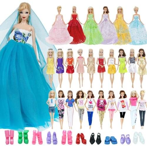 35 Items/Lot = 3 Long Tail Party Dress + 10 Mini Dresses + 2 Top Pants Outfit + 10 Shoes+ 10 Accessories Clothes For Barbie Doll