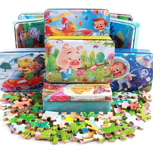 60 Pcs/box Cute Cartoon Puzzle with Iron Box for Children Jigsaw Wooden Animal Puzzle Early Educational Toys for kids gift