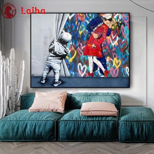 DIY Diamond Painting Behind the scenes graffiti art, the kiss of victory Diamond Mosaic Full Drill Cross Stitch Handmade Hobby