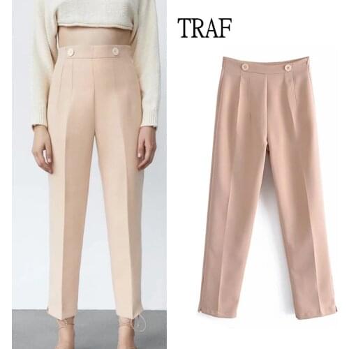TRAF Za Woman Pants 2021 Autumn New High Waist Straight Pants Elegant Office Lady Trousers Suits Casual Zip Chic Women Clothing