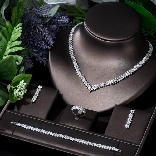 HIBRIDE Simple Cubic Zircon 4pcs Earring Set Leaf Shape Chain Bridal Set for Women Wedding Party African Beads Jewelry Set N-248