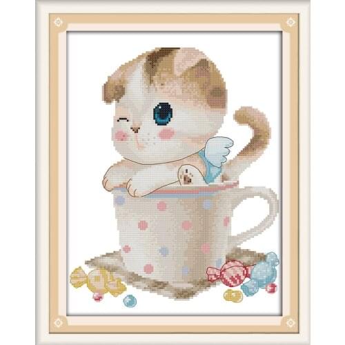 Kitten in the cup cross stitch kit cartoon animal cat pattern printed cloth DIY hand embroidery set craft handmade needlework