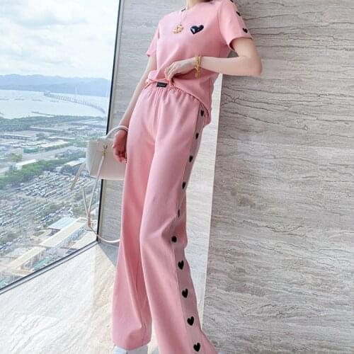 Summer Sports Suits Female Love Sequins Short Sleeve T-Shirt Wide Leg Long Pants Two Piece Outfits Running Tracksuits Women
