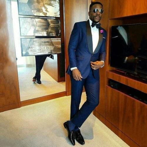 Blue Suits Men 2019 Groom Tuxedo Mens Suits Black Satin Shawl Design Costume Homme Slim Fit Terno Masculino 2Piece Man Outfit