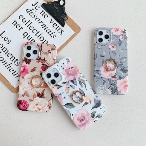 Retro Flower Soft Shockproof Case Ring Holder For iPhone 11 7 8 Plus 12 Pro Max mini XR XS Soft Rubber Silicone Phone Cover Skin