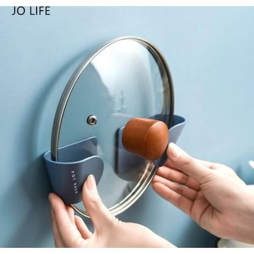 JO LIFE 1Pair Wall Rack No Punching Pot Pan Cover Rack Cooking Storage Tools Kitchen Space Saving Wave Shelf Rack Utensil