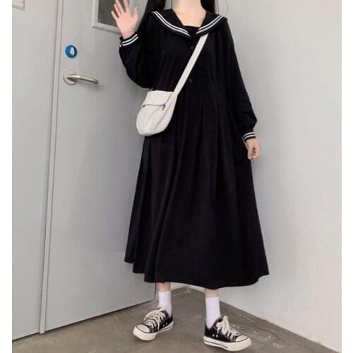New Japanese Retro Autumn College Style Navy Collar Navy Collar Bow Lantern Pleated Lolita Long Sleeve Cosplay Costumes Dress