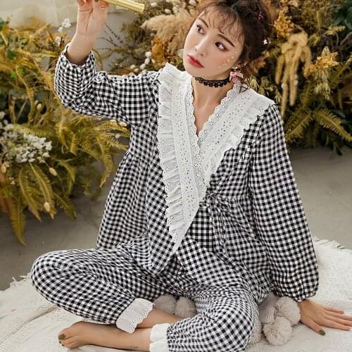 Women Nursing Pyjama Thin Cotton Maternity Clothes Lace Pajamas Long Sleeve Nightgown Plaid Confinement Womens Loungewear