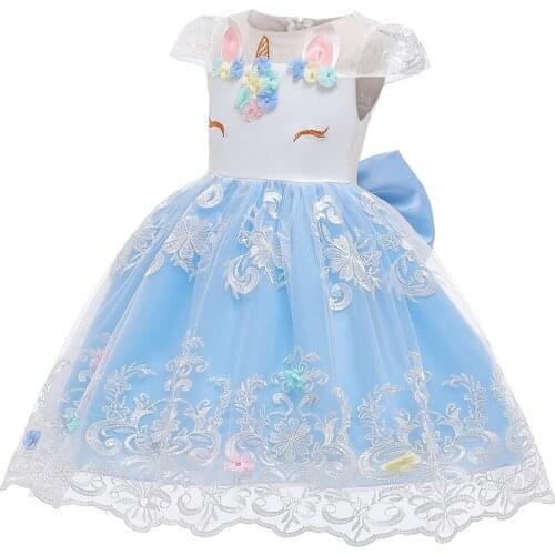 Girl Christmas dress lotus leaf sleeve applique unicorn big bow gauze sweet dress princess dress stage performance dress