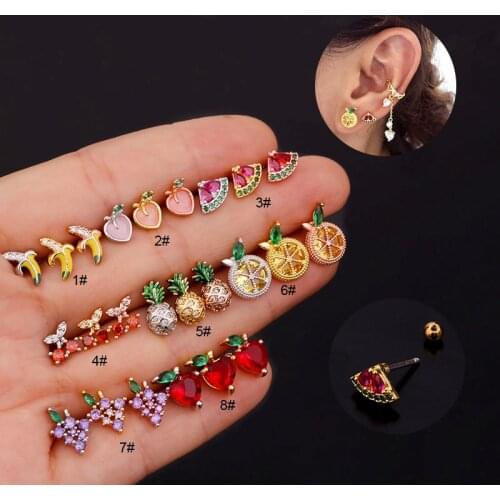 1 Piece Cute 316L Surgical Steel Fruit Ear Cartilage Stud Earrings for Women CZ Barbell Helix Tragus Stud Piercings Jewelry 20G