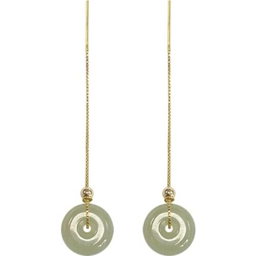 14k gold jewelry real gold larimar earrings natural Jade stone long earrings drop pearl earrings for women Yellow Gold earring