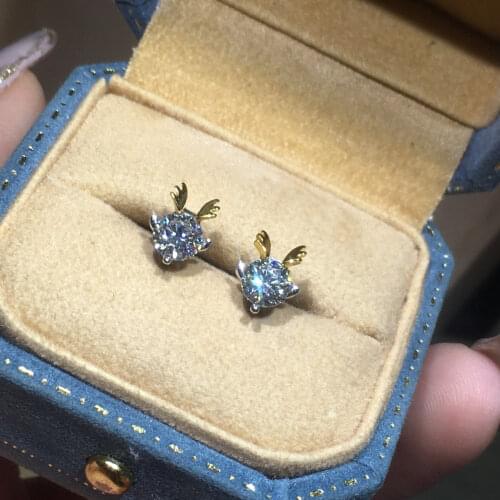 Silver 925 Original 0.5 Carat D Color Diamond Test Past Moissanite Little Cut Deer Dragon Stud Earrings Teen Girls Gemstone Gift