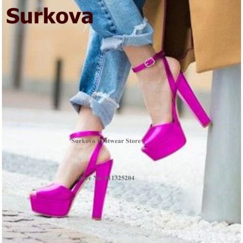 Surkova Glossy Fuchsia Mirror Leather Wedding Shoes Amazing Chunky Heel Platform Sandals Buckle Strap Banquet Pumps Size46