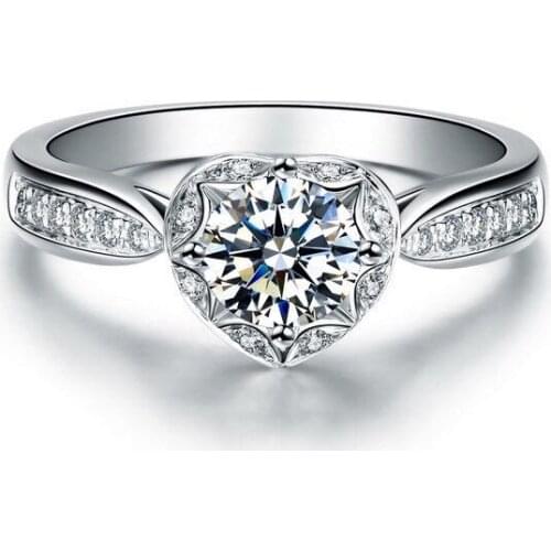Solid 14K White Gold Ring Heart Pattern 1CT Round Cut Diamond Female Marriage Ring 14K Lovely Gift AU585