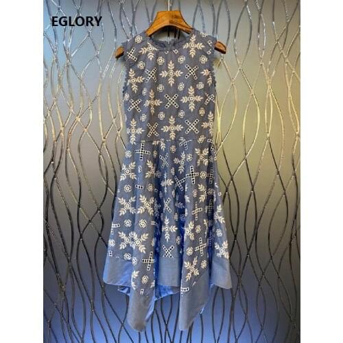 High Quality Cotton Dress 2020 Summer Fashion Style Ladies O-Neck Hollow Out Embroidery Sleeveless Asymmetrical Dress Gorgeous