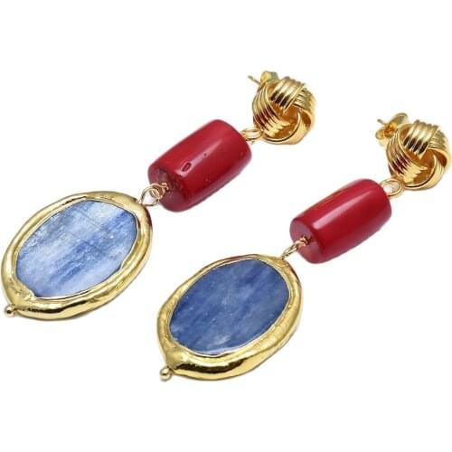 GuaiGuai Jewelry Natural Blue Kyanite Real Stone Red Coral Nugget Dangle Gold Plated Stud Earrings Handmade For Women
