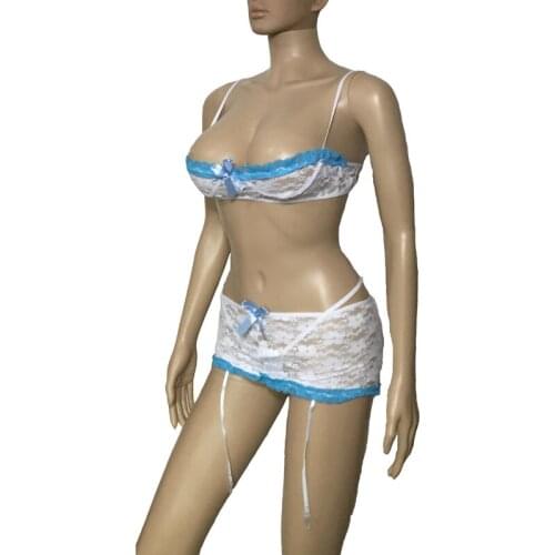 Women Sexy Clothes Bridal Lace Cupless Babydoll Bikini Bra Top Sheer Garter Belt Skirt G String Erotic See Through Lingerie Set