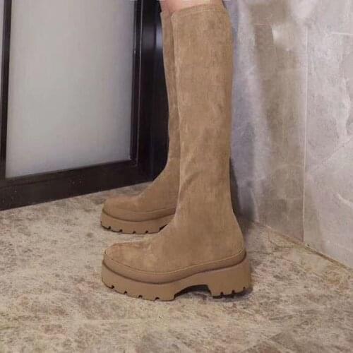 Elastic Boots Women 2021 Autumn Casual Platform Boots Thick Bottom High Tube Martin Boots Tide Suede Kahaki Shoes Botas Mujer