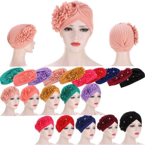 Temperament Ladies Fashion Hats Turban Hat Fold Watermelon Hat Applique Party Hats Three Flower Turban Caps Baotou Caps