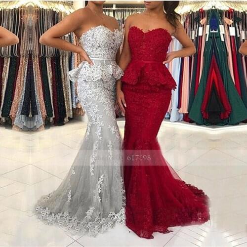 Burgundy Mermaid Long Evening Dresses 2020 Sweetheart Sleeveless Lace Applique Prom Gown Evening Party Dress Robe De Soiree