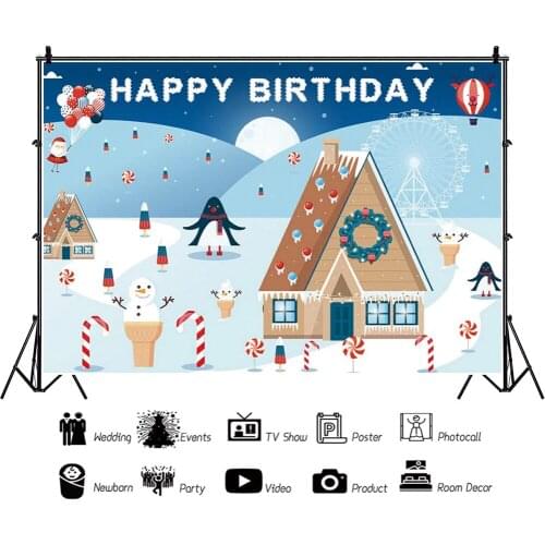 Winter Cartoon Penguin Christmas House Backdrops Photos Background Decors Kids Birthday Portrait Photography Props Photocall