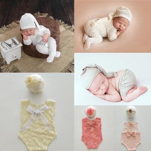2 pieces/set of baby hat jumpsuit newborn photography props baby lace crochet suit headwear clothes photography accessories