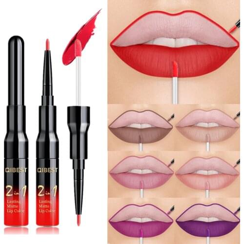 2 in 1 double head liquid lipstick rose red purple long lasting matte lipstick waterproof matte lip liner beauty cosmetics