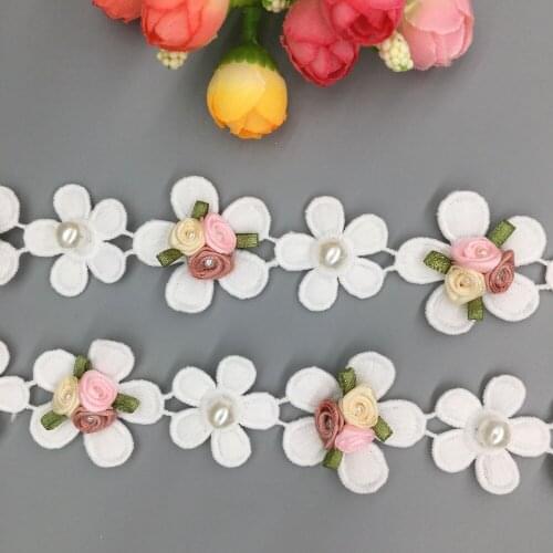 20X Pearl Beaded Flowers Lace Fabric For Dress Ribbon Lace Trim Knitting Wedding Embroidered DIY Patchwork Sewing Supplies Craft