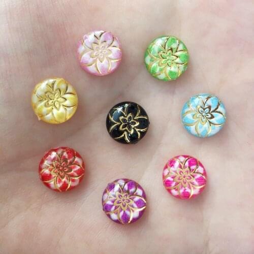 400PCS Shiny Resin 10mm Round Colorful Spun Gold Flower Flat Back Rhinestone Scrapbook DIY Wedding Applique Ornament W48*5