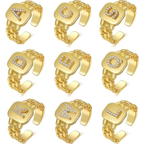 A-Z Alphabet Initials CZ Women Ring Letters Gold Color Open Cuff Lady Finger Ring Wedding Punk Chunky Adjustable Signet Trendy