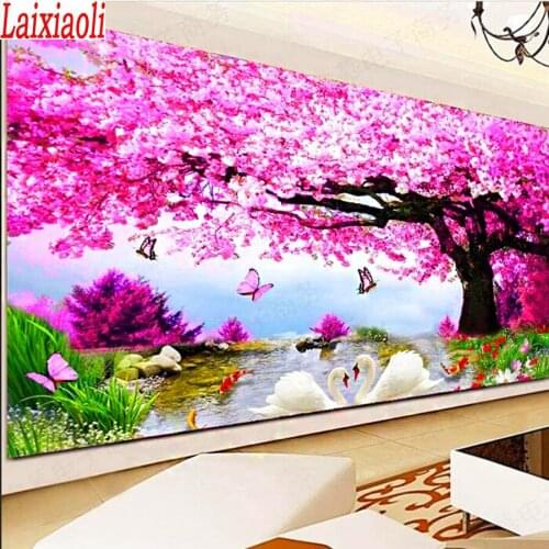 Large Diamond Painting Full Square Pink Flower Tree 5D DIY round Diamond Embroidery natural spring butterfly scenery Wall decor