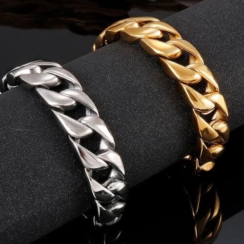 15mm Wide Silver/Gold 316L Stainless Steel Bangle Curb Cuban Link Chain Wrist Bracelet for Men Women Free Shipping Jewelry Gift