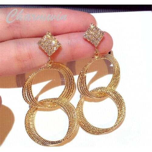 Charmwin New Fashion Long Earrings Dangle Earrings For Women Exaggerated Rhinestones Circle Earrings Earrings Women