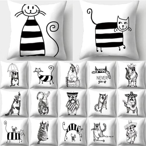Black White Cat Pattern Decorative Cushions Pillowcase Peach Skin Cushion Cover Throw Pillow Sofa Decoration Pillowcover 45x45cm