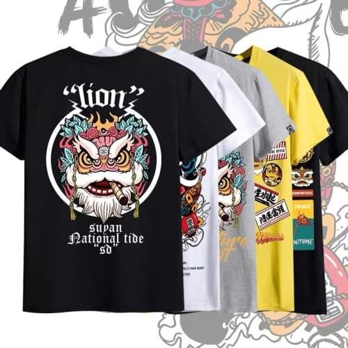 100% Cotton Black Cool T Shirts Hip Hop Punk T Shirt Men Summer Japan Tops Tees Harajuku Gothic High Street Lion Print T Shirt