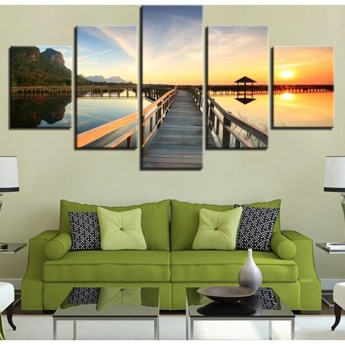 Home Decor Canvas Painting 5 Panel Beautiful Sunset Landscape Modern HD Framework Poster Wall Pictures