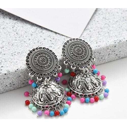Ethnic Beads Indian Jewelry Jhumka Earrings Vintage Gypsy Silver Color Bell Earrings For Women Fashion Jewelry